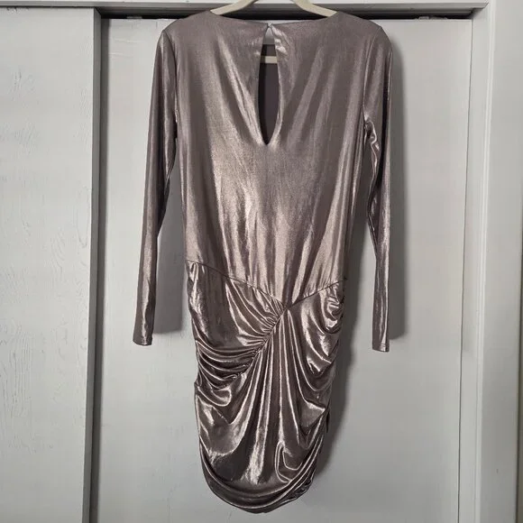 Express S Gold Metallic Ruched Mini Dress Long Sleeves Keyhole Back Stretch - Picture 5 of 6